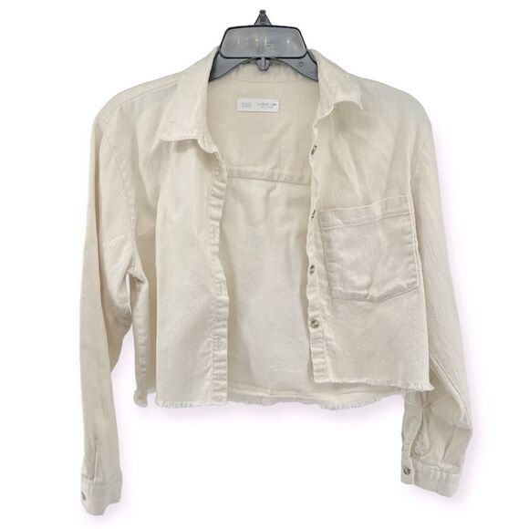 ZARA Girl’s Cream Button Front Denim Frayed Hem Cropped Top Size 13/14 - Picture 1 of 12